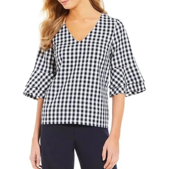 Draper James Blue White Gingham V Neck Blouse 4 - Picture 1 of 7
